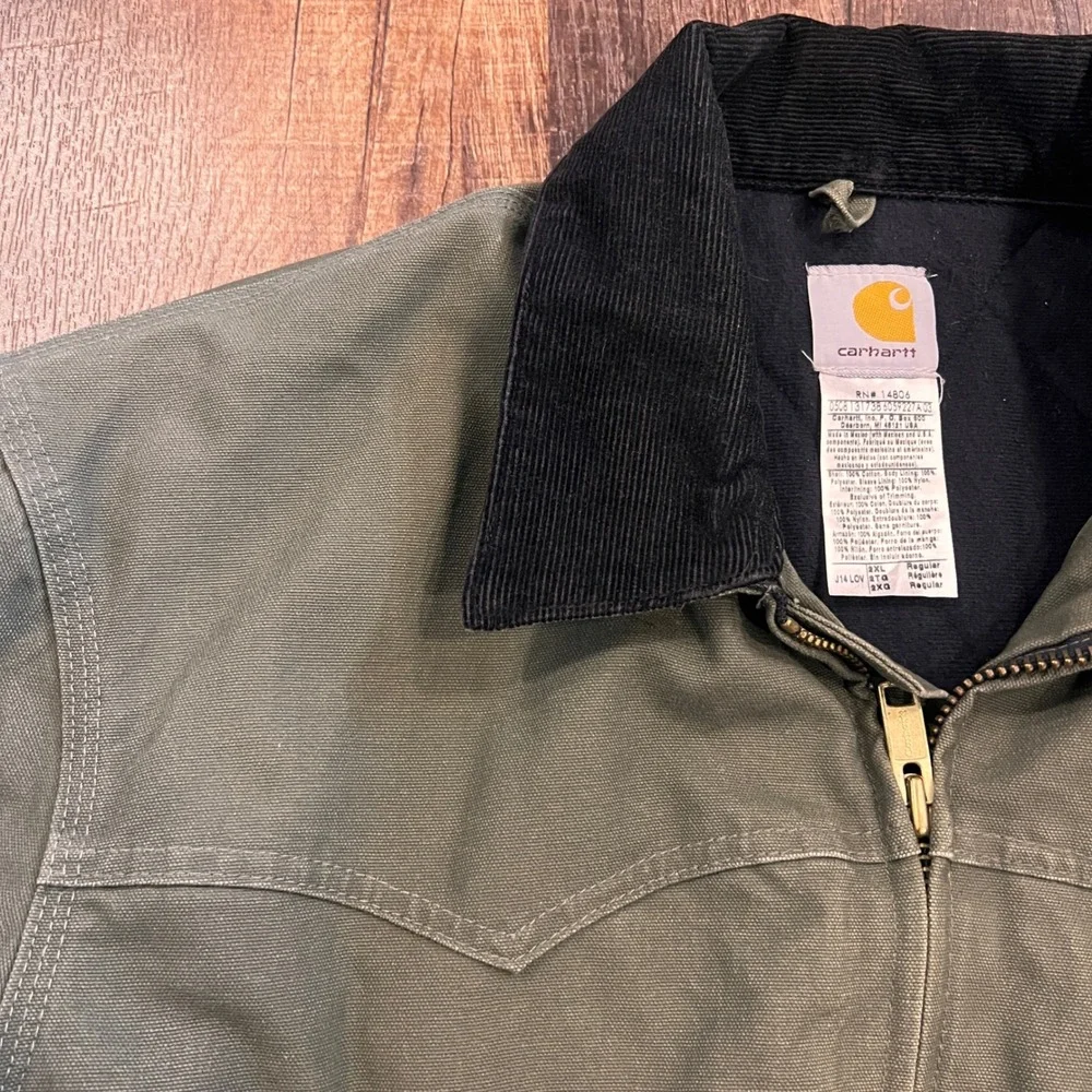 Vintage Carhartt J14 Santa Fe Jacket Loden Green Duck Canvas Flannel Lined 2XL